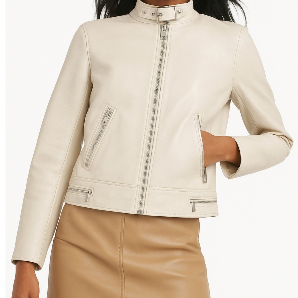 Levi's‎ Cream Faux Leather Moto Jacket Stand-Up Collar Zip Pockets NWT